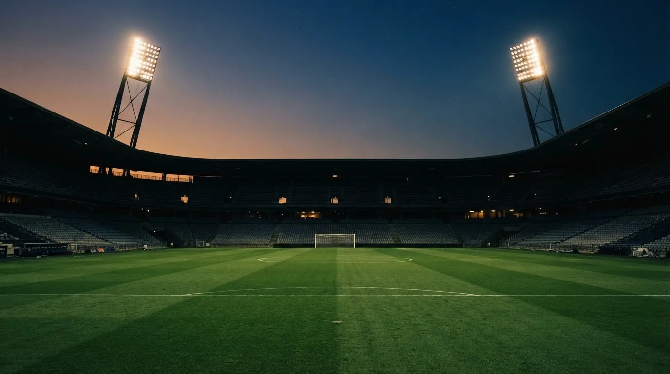 An empty football stadium with floodlight masts at dusk