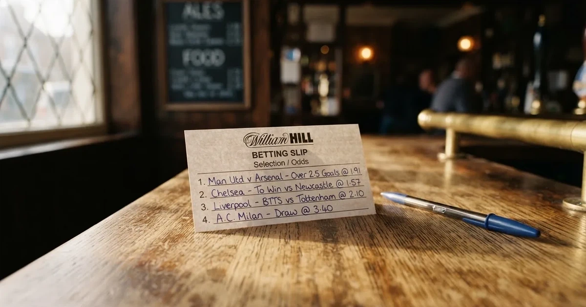 A blank paper betting slip beside a pen on a wooden counter