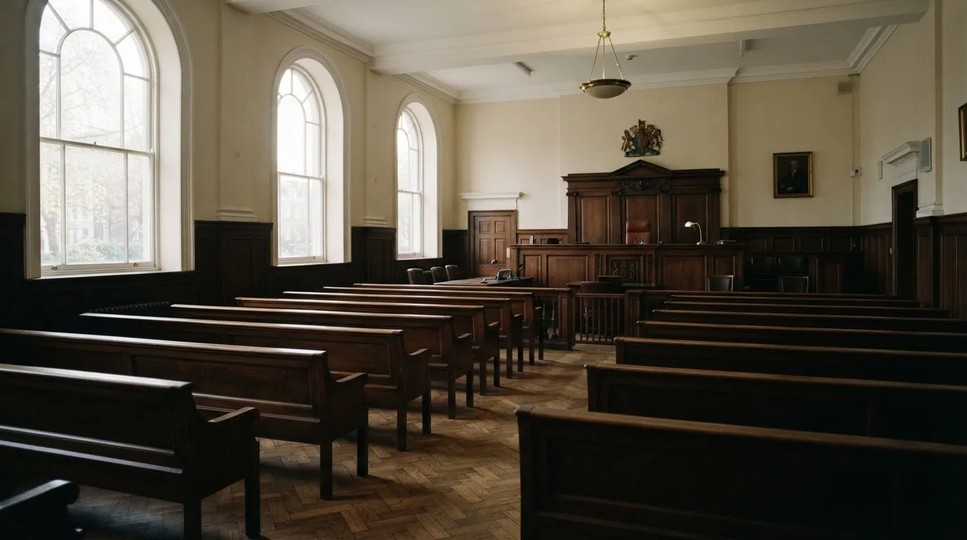 An empty courtroom with wooden benches in morning light